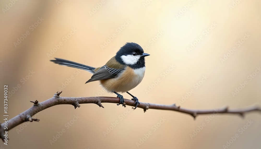 Naklejka premium A long tailed tit bird sits on branch in nature. The small bird has black white and brown plumage. Wildlife photo of the avian species. The background is blurred.
