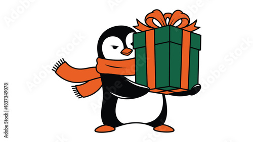 Festive Penguin with Present: An adorable penguin, wrapped in a cozy scarf, proudly presents a vibrantly wrapped gift box. Capturing holiday cheer and the joy of giving.