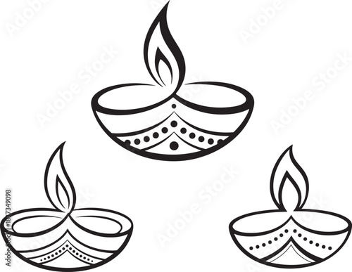 Stylized traditional indian oil lamps (diya) line art designs