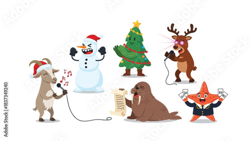 Festive Ensemble: A charming assortment of holiday characters, each singing with enthusiasm, creates a joyful and vibrant scene, perfect for Christmas cheer.
