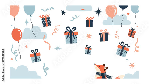 Celebration's Charm: A festive illustration of a joyful scene, with balloons, presents, stars and a cartoon fox, all suspended in the air. Capturing a sense of festivity.