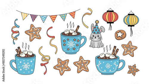 Festive cocoa & cookies with bunny and star lanterns: A charming ensemble of holiday-themed illustrations, including cups of cocoa, star-shaped cookies, streamers, festive bunting.