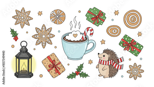 Christmas Festivities Illustration: A whimsical illustration captures the essence of Christmas with various festive elements. From a steaming cup of hot chocolate to gingerbread cookies, gift boxes.