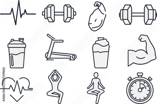 Fitness and exercise icons with dumbbells and yoga pose on white background heartbeat