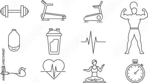 Fitness and exercise icons with treadmill and yoga pose on white background dumbbell