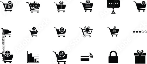 Collection of black and white shopping cart vector icons and related symbols