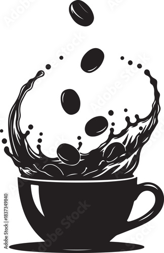 Coffee splash with beans falling into cup vector silhouette design element beverage
