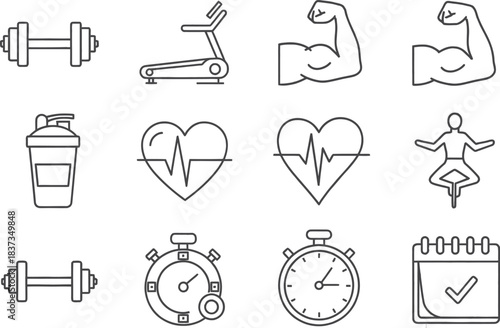 Fitness and Health Icons Set Dumbbell Treadmill Heartbeat Muscle Yoga Calendar Keywords: fitness, health, icons, set, dumbbell, treadmill