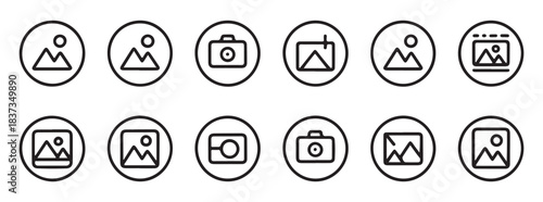 Camera and gallery icons set in circular frames isolated on white background for web