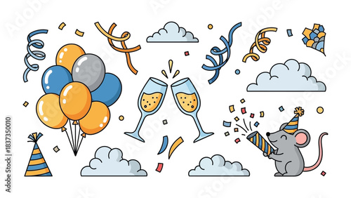  Celebration elements: festive scene featuring a cheerful mouse, glasses of champagne, balloons and confetti, conveying a sense of happiness and excitement.
