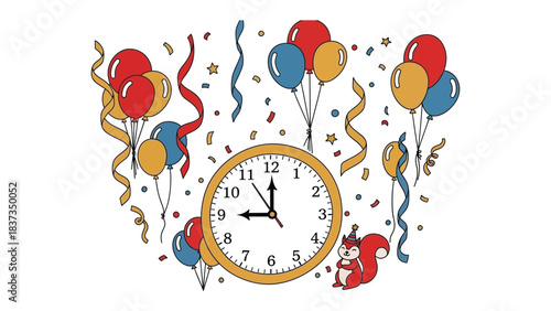 Clock and Balloons Illustration: Festive illustration featuring a golden clock surrounded by colorful balloons, confetti, and ribbons, celebrating a moment with joy and cheer.