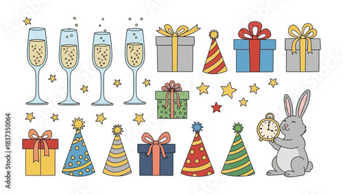Festive Celebration Elements: A collection of delightful illustrations for festive occasions, including champagne flutes filled with bubbly, wrapped presents, party hats.