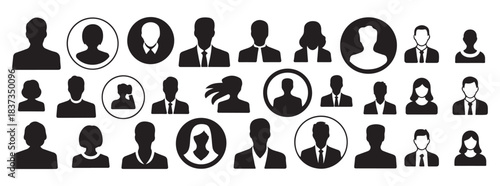 Large collection of diverse human avatar silhouettes, isolated vector illustration on white background