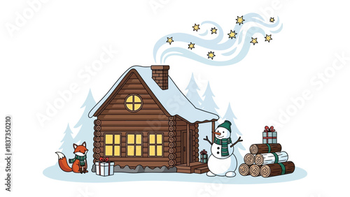 Cozy Winter Cabin: A charming illustration depicts a snug wooden cabin amidst a snowy landscape, a snowman, and a friendly fox enhance the winter wonderland.