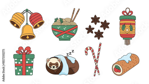 Festive Assortment of Holiday Icons: An array of charming Christmas and winter icons, featuring festive bells, delicious noodles, aromatic star anise, elegant lantern, a gift, cozy ferret.