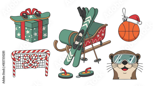 Festive Fun: A collection of festive items including a gift box, ski and ski poles, a sleigh, Christmas ball and an otter, evoke feelings of joy and winter celebrations. 