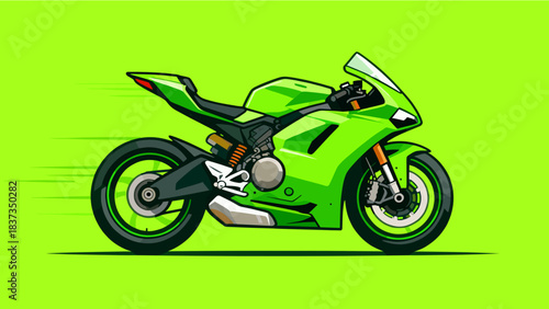 Green motorcycle speeding on bright green background  