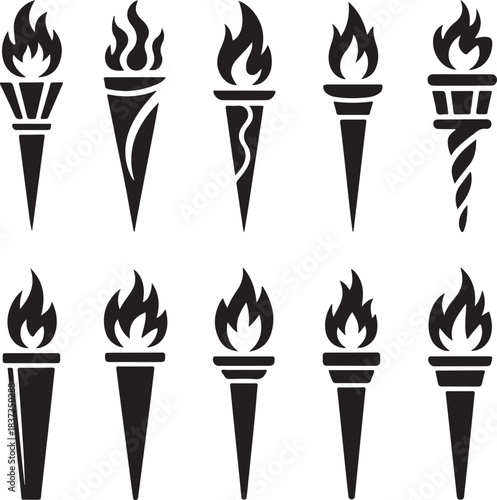 Black torch icons collection with diverse stylized flame designs