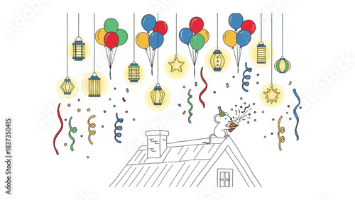 Festive Roof Celebration: A whimsical scene unfolds as a cheerful mouse atop a rooftop celebrates with festive decorations including lanterns, balloons, and confetti.