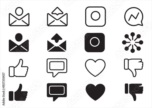 Collection of social media icons including share, comment, bookmark, like, and dislike