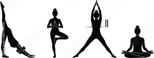 Silhouette Yoga Poses Set Downward Dog Tree Pose Warrior Pose Lotus Pose Keywords: yoga, silhouette, pose, exercise, fitness, health, wellness