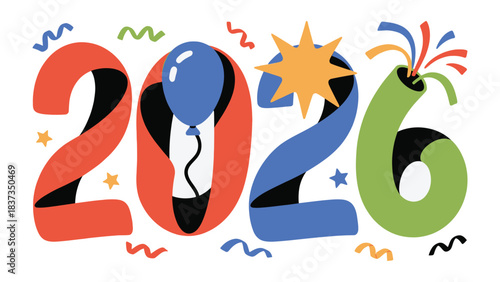Joyful 2026 Celebration: A vibrantly illustrated design celebrates the new year with bright colors, festive decorations, and a sense of cheerful anticipation for 2026. 