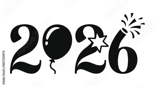 New Year 2026: A visual representation of the upcoming year, featuring festive elements such as a balloon, star, and firework, ideal for celebrating new beginnings.