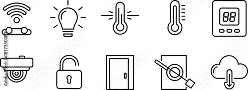 Smart Home Technology Icons Set Wifi Thermometer Light Bulb Lock Keywords: smart home, technology, icon, wifi, light bulb, thermometer, thermostat