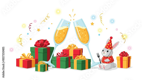 Festive Cheers and Gift Bonanza: Two elegant glasses of bubbly clink in a toast, surrounded by a treasure trove of wrapped gifts. A delightful scene, conveying joy, celebration.