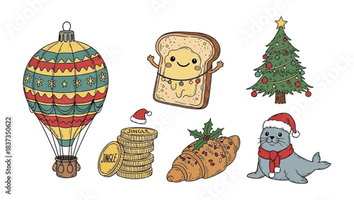 Festive Collection of Christmas Icons: A charming assemblage of holiday-themed illustrations, including a hot air balloon, smiling toast, Christmas tree, seal, gold coin and croissant.