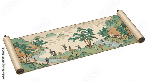 Traditional Japanese scroll depicting scenery and people from nature  
