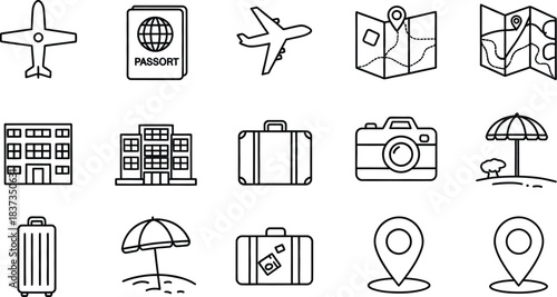 Travel and vacation icon set with airplane passport map and suitcase Keywords: airplane, passport, map, suitcase, hotel, camera, umbrella, beach