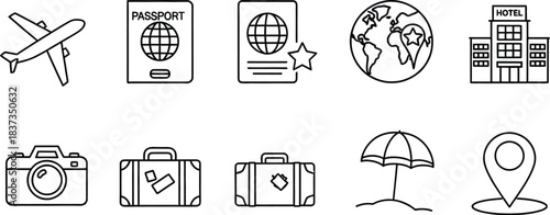 Travel icons including airplane passport globe hotel and camera Keywords: airplane, passport, globe, earth, hotel, building, camera, suitcase