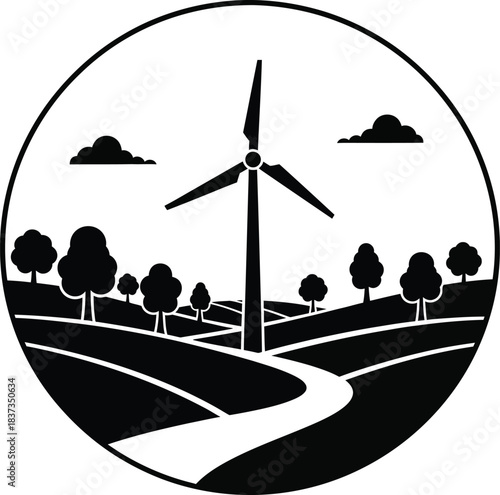 Simple black and white illustration of a wind turbine in a rural landscape