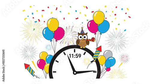 New Year's Eve Countdown: A whimsical owl, perched atop a clock nearing midnight, amidst vibrant balloons, confetti, and fireworks, anticipates the jubilant arrival of a new year.
