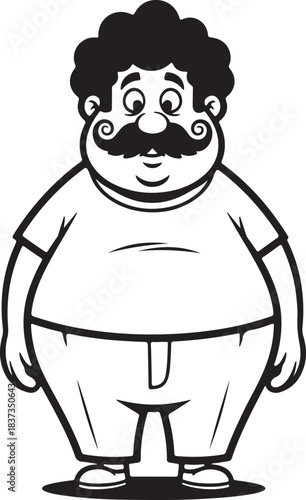 Cartoon fat man with mustache standing cheerful overweight character outline illustration