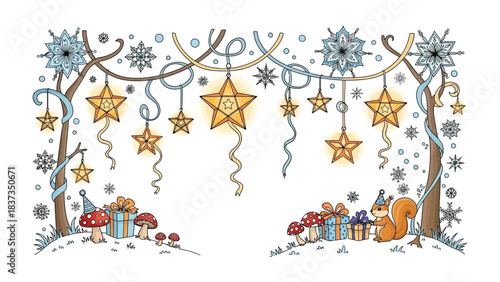 Holiday Illustration: A whimsical illustration with a festive scene, featuring sparkling stars, falling snowflakes, wrapped gifts, a woodland squirrel, and decorative hanging lights.