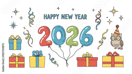New Year Festive Cheer: A vibrant and joyful illustration of a Happy New Year celebration with the year 2026, featuring balloons, gifts, and festive decorations.