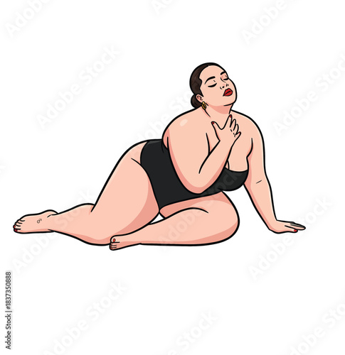Curvy plus size woman model in black bodysuit posing sitting on floor vector illustration