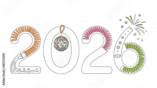 New Year's Celebration for 2026: An intricate illustration, celebrating the arrival of the year 2026 with artistic numbers. Each digit is adorned with festive elements.