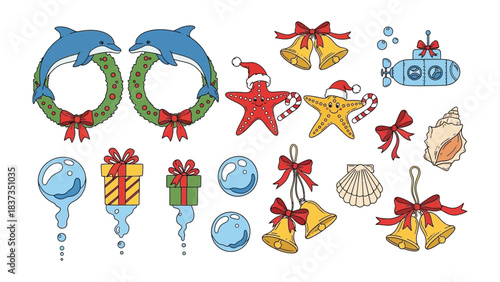 Festive Underwater Celebration: A whimsical collection of Christmas-themed sea creatures and decorations, creating a joyful underwater holiday scene.