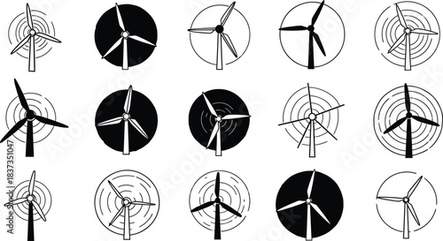 Collection of black and white wind turbine icons in a grid pattern