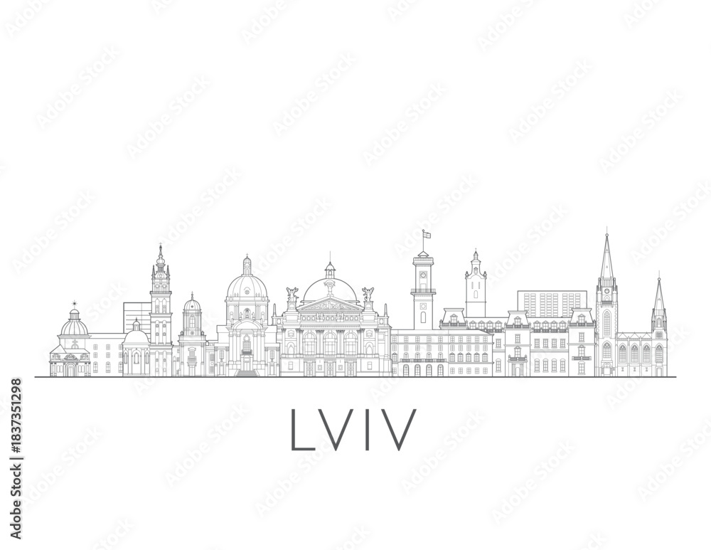 Fototapeta premium Lviv Ukraine cityscape illustration skyline drawing