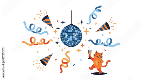 Cat's Party: Animated illustration of a lively scene with a disco ball, party hat, streamers and a dancing cat, creating a joyful, celebratory atmosphere.