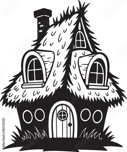 Fantasy fairy tale house with thatched roof cartoon silhouette isolated on transparent background