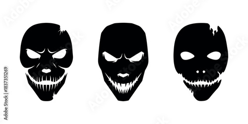 Set of three scary skull mask silhouettes with bold black shapes and sharp horror-inspired details