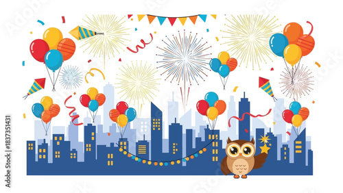 City Celebration with Festive Balloons and Fireworks: An illustrated city skyline comes alive with colorful balloons, dazzling fireworks, streamers, and confetti.