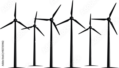 Sketch of a wind farm with multiple turbines against a white background