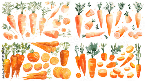 Beautiful watercolor illustration set of fresh carrots, slices, and leaves. Ideal for organic food packaging, farm designs, cooking graphics, recipe layouts, and botanical artwork.