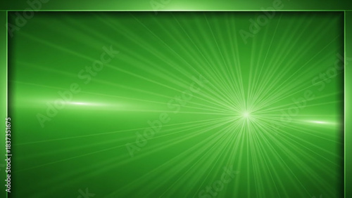 Abstract vibrant green background with bright light rays emanating from a central glowing starburst effect